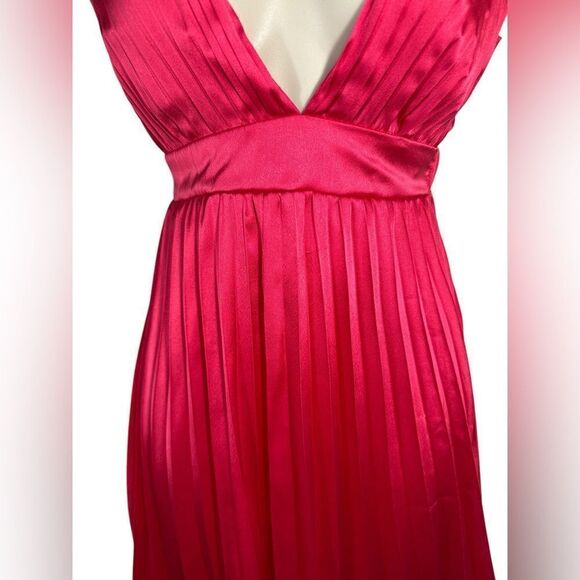 Sincerely Jules Pink Barbiecore Satin Sleeveless Pleated V Neck Mini Dress - Picture 12 of 13